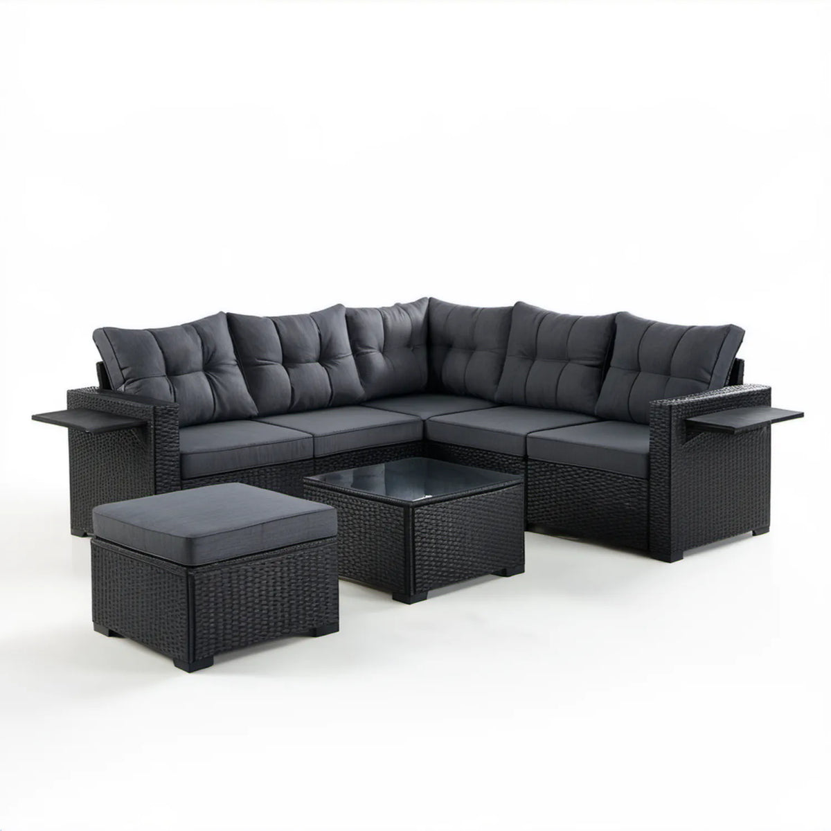 Czarny narożnik ogrodowy z technorattanu PE 205 x 205 x 70 cm ze stolikiem i pufą