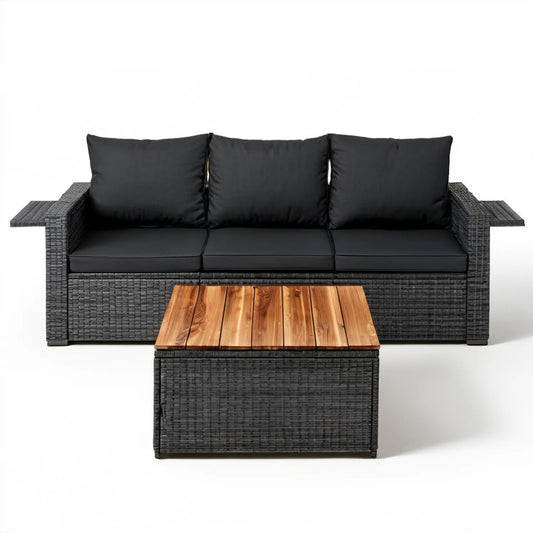 Zestaw wypoczynkowy z technorattanu PE z sofą 3-osobową i stolikiem, czarny/brązowy, sofa 200 x 75 x 65 cm, stolik 100 x 60 x 45 cm