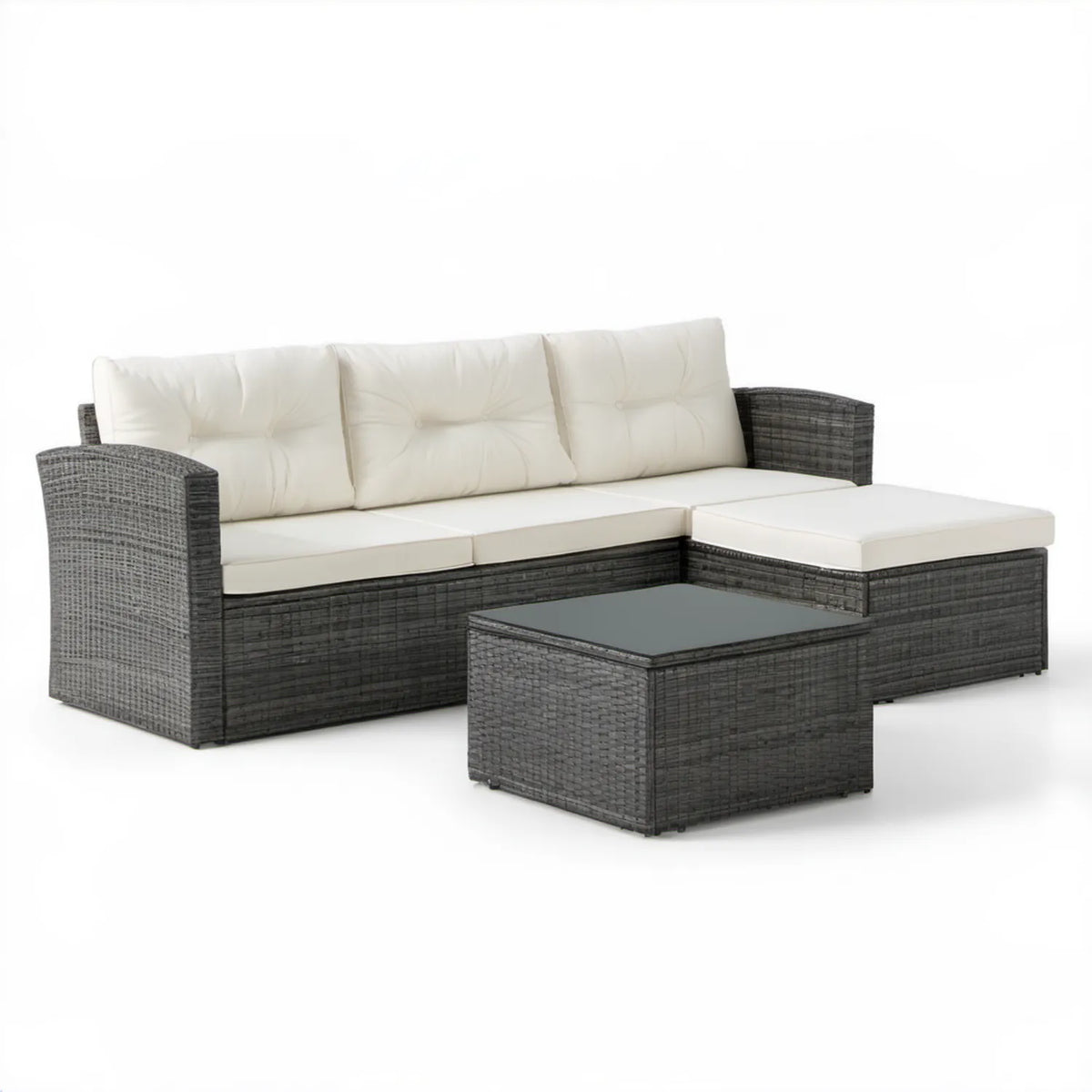 Ogrodowa sofa narożna z szezlongiem i stolikiem, grafitowo-kremowa, 200 x 139 x 60 cm, technorattan PE, stal, szkło hartowane