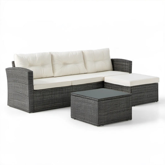 Ogrodowa sofa narożna z szezlongiem i stolikiem, grafitowo-kremowa, 200 x 139 x 60 cm, technorattan PE, stal, szkło hartowane