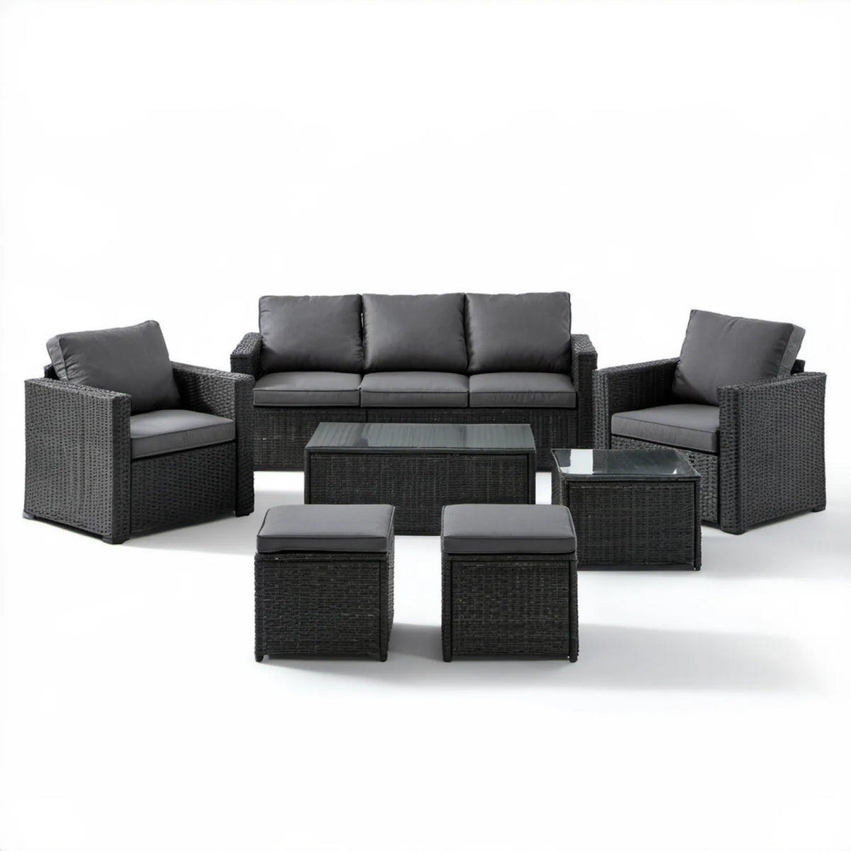7-częściowy komplet wypoczynkowy z technorattanu PE, czarny/ciemnoszary, sofa 180 × 70 × 70 cm