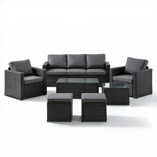 7-częściowy komplet wypoczynkowy z technorattanu PE, czarny/ciemnoszary, sofa 180 × 70 × 70 cm