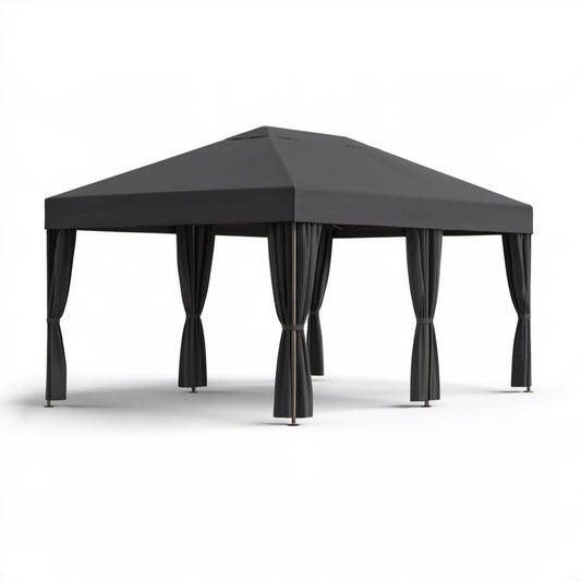 Czarny pawilon ogrodowy z zasłonami 400 x 300 x 270 cm, stal i poliester