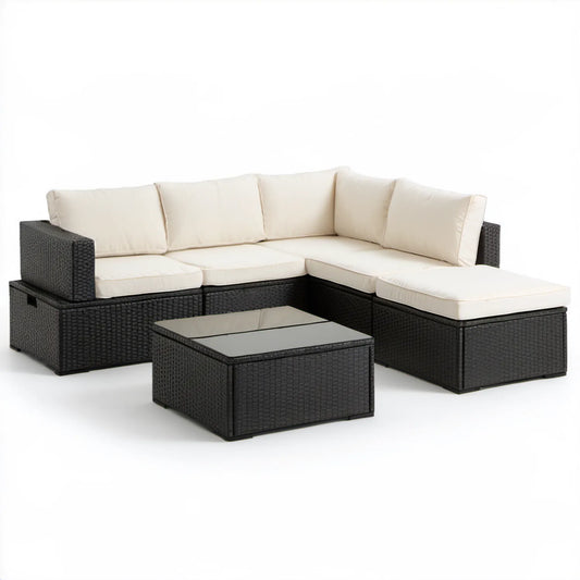 Ogrodowy zestaw narożny z technorattanu PE 180 x 180 x 63 cm Czarny/Kremowy