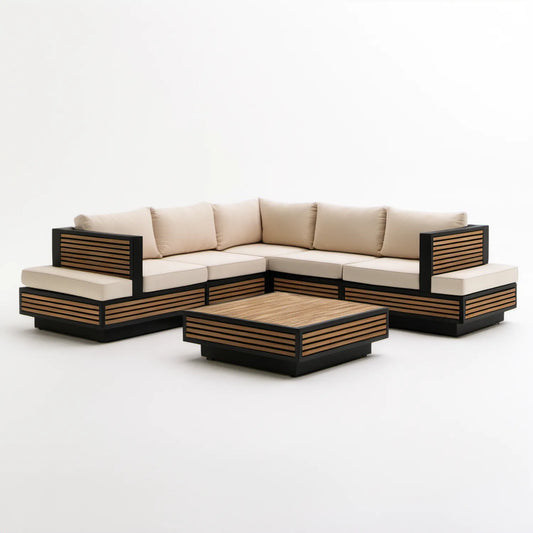 Modułowy narożnik ogrodowy ze stolikiem 280 x 210 x 68 cm, Beżowy/Czarny/Brązowy