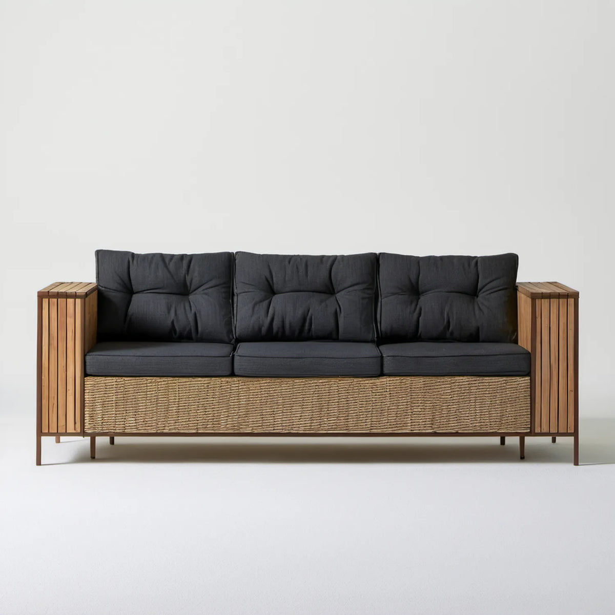 3-osobowa sofa ogrodowa z drewna akacjowego i plecionki PE, czarna/brązowa/beżowa, 220 × 75 × 80 cm