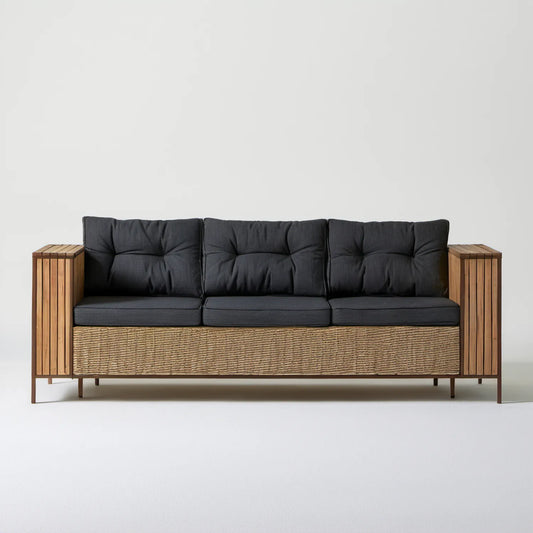 3-osobowa sofa ogrodowa z drewna akacjowego i plecionki PE, czarna/brązowa/beżowa, 220 × 75 × 80 cm