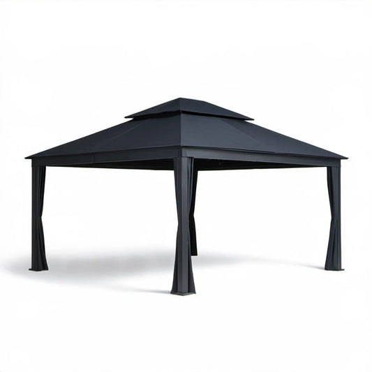 Czarny pawilon ogrodowy 300 x 300 x 270 cm ze stalowym dachem i zasłonami
