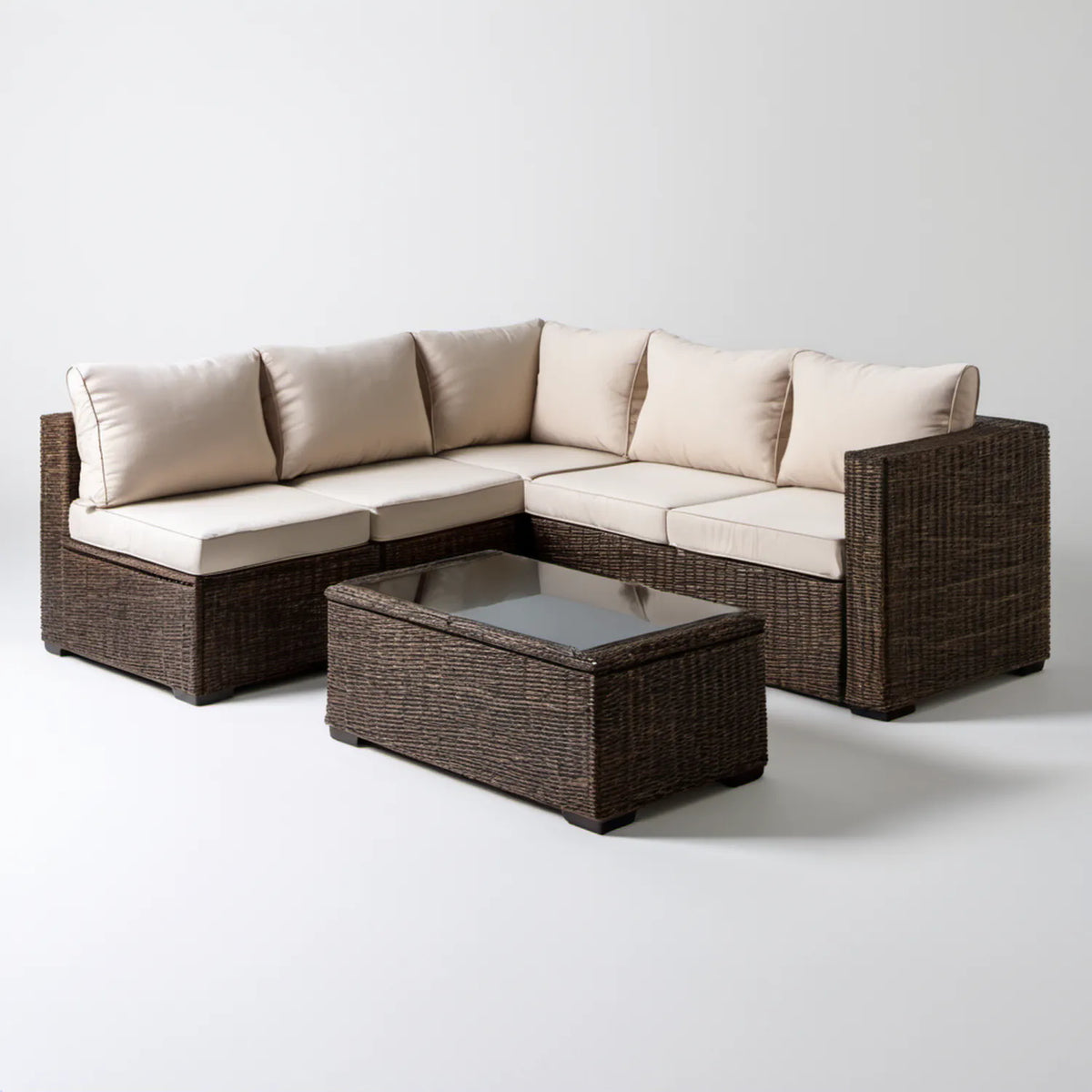 Brązowo-beżowy zestaw ogrodowy z technorattanu, narożnik 230 x 230 x 85 cm i stolik 100 x 60 x 45 cm