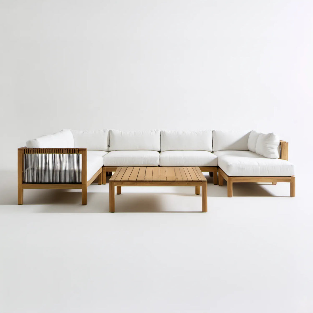 Ogrodowy zestaw narożny z szezlongiem i stolikiem kawowym 300 × 170 × 70 cm, biały/brązowy/czarny